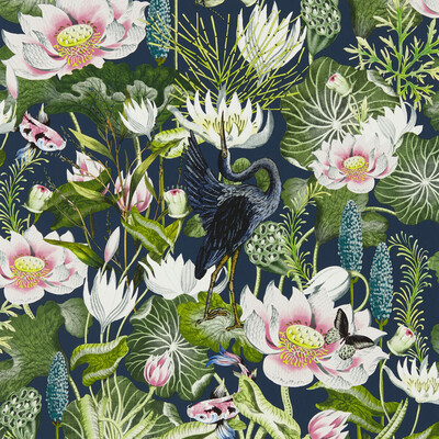 Clarke And Clarke W0137/04.CAC.0 Waterlily Wp Wallcovering in Midnight/Multi/Dark Blue