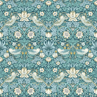 Clarke And Clarke W0171/06.CAC.0 Strawberry Thief Wallcovering in Teal Wp/Teal/Taupe/White