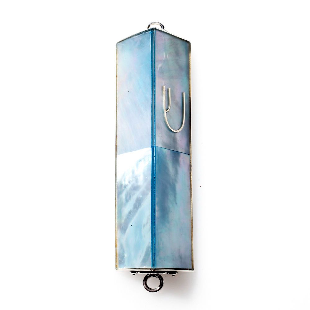 House of Raasche Blue Pale Mother of Pearl Triangle Sterling Silver Mezuzah