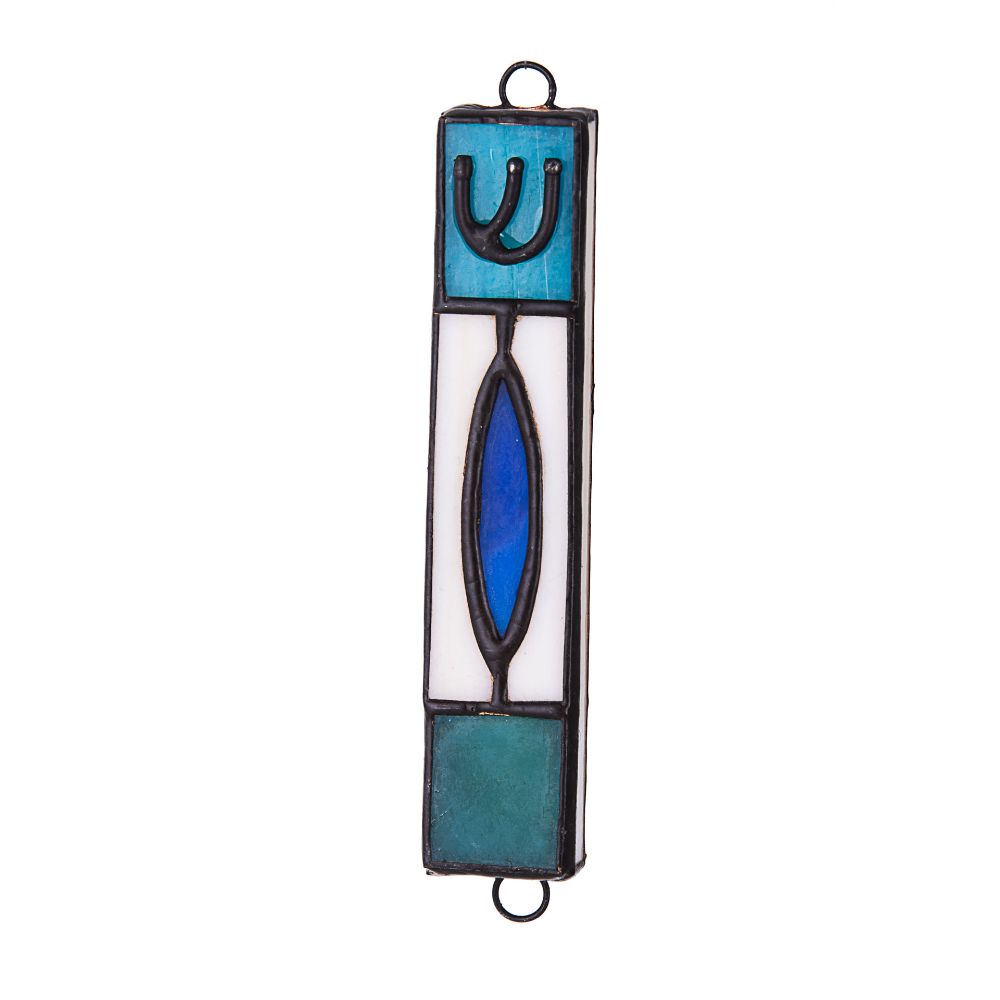 Stained Glass Blue With Oval Center Mezuzah Case