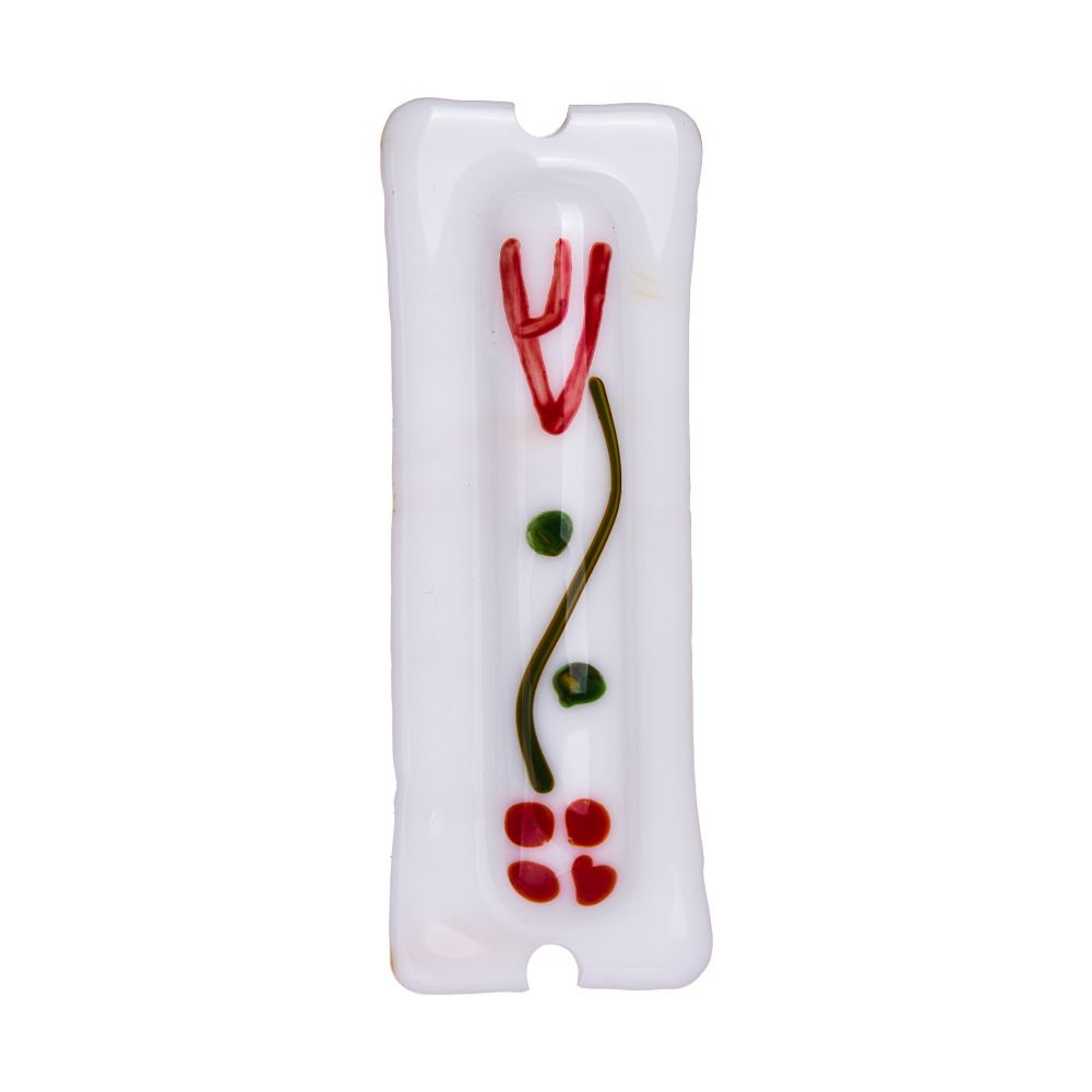 Glass White With Red Shin And Red/Green Dots Mezuzah Case