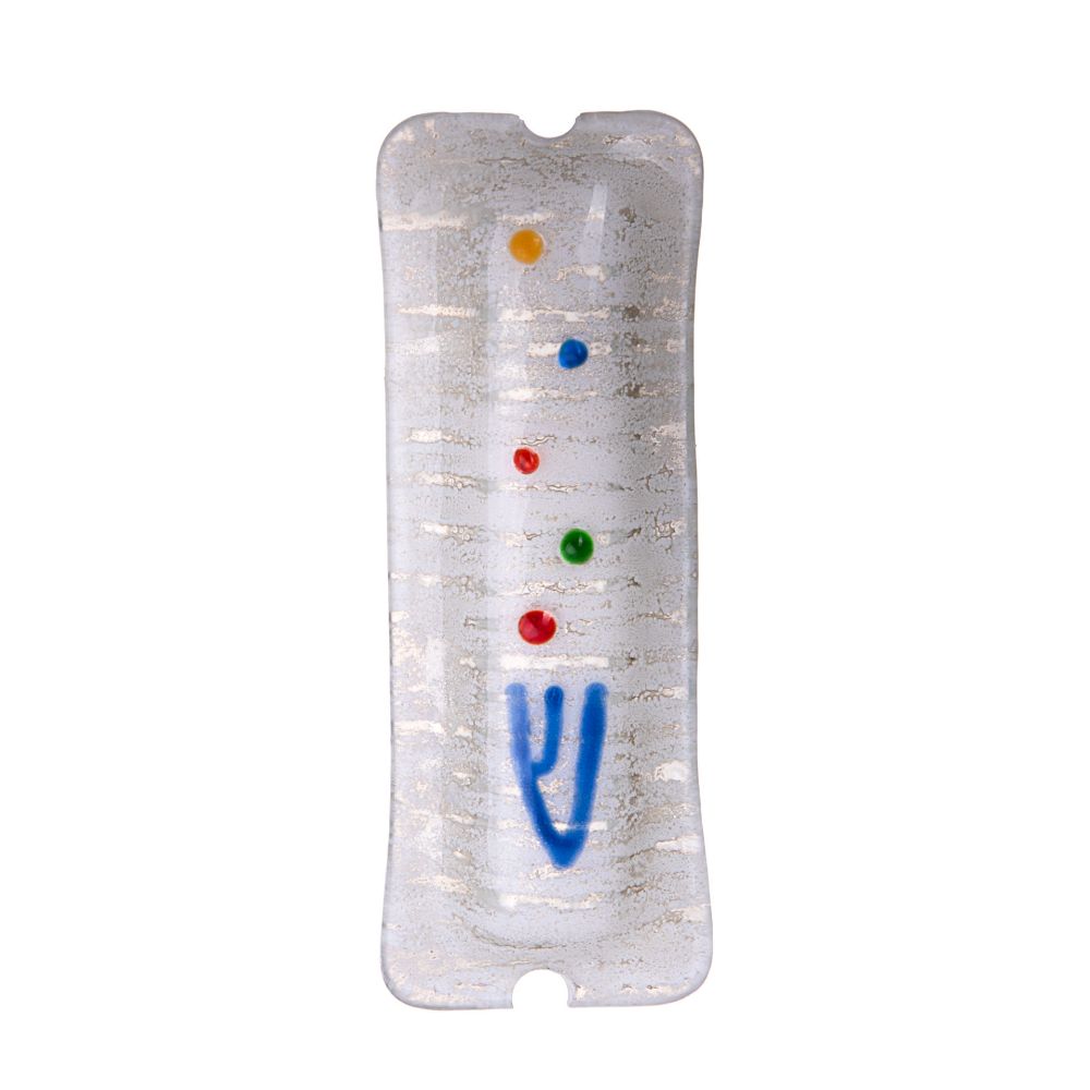 Glass White With Blue Shin And Multi Dots - Mezuzah Case