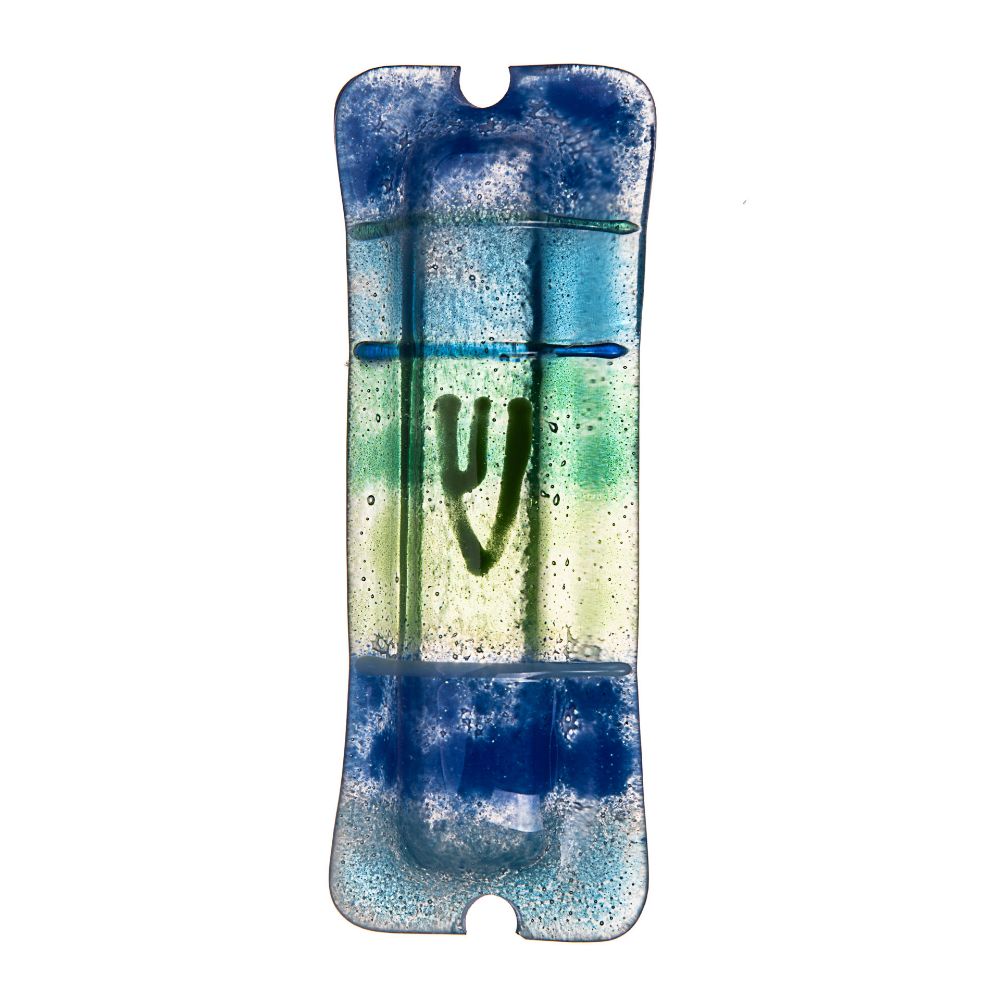 Glass Blue With Green Shin And Blue Lines Mezuzah Case
