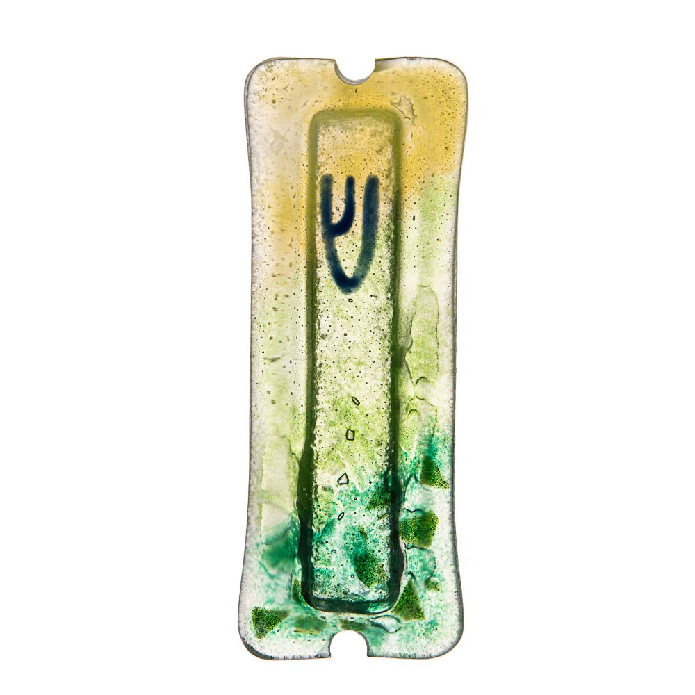 Glass Yellow And Green With Blue Shin/Green Leaves Mezuzah Case