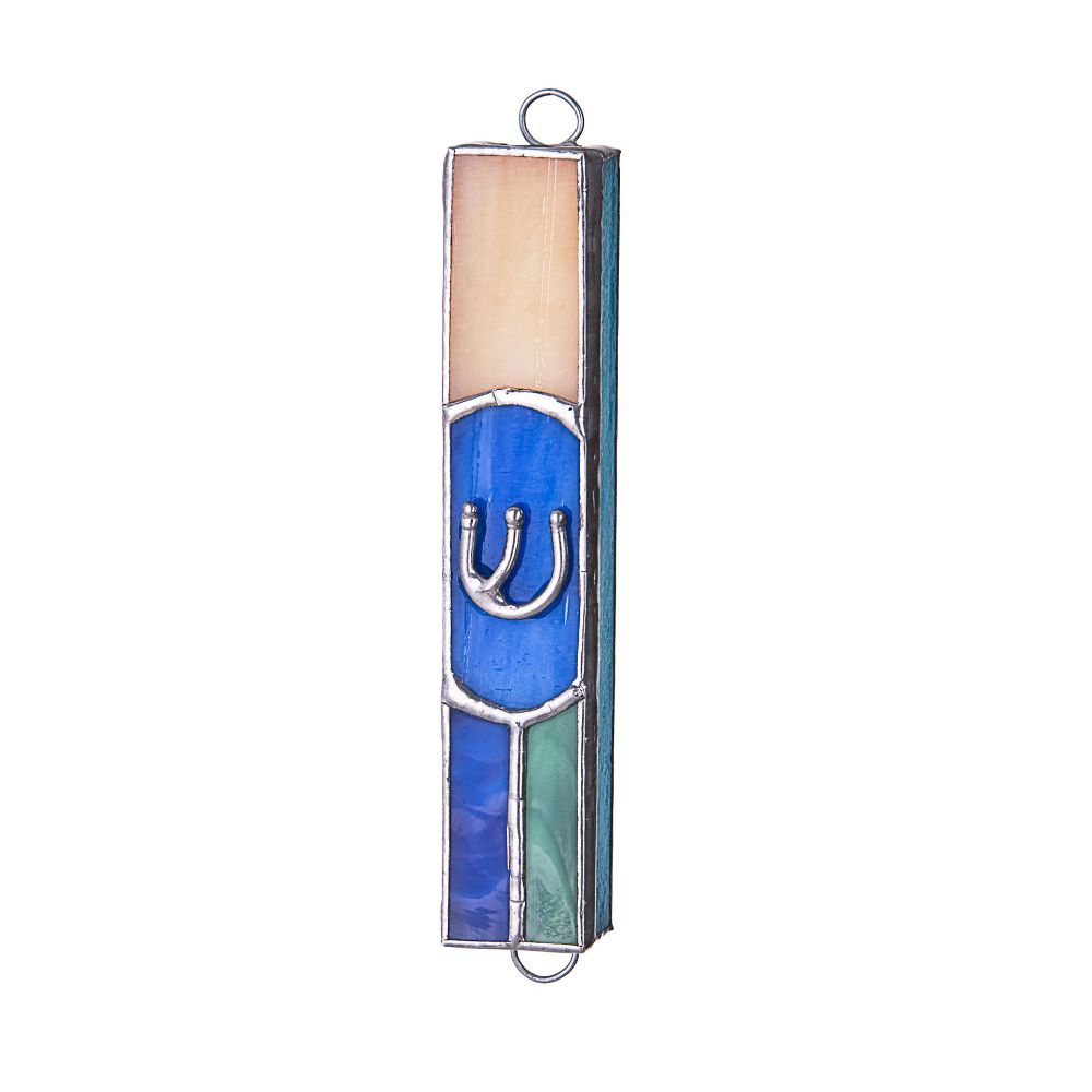 Stained Glass Blue And Tan Mezuzah Case