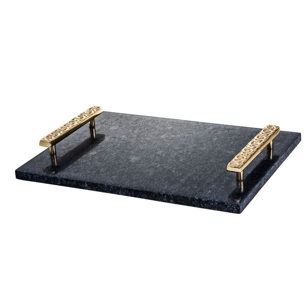 1487 Marble Challah Board Black with Gold Handle