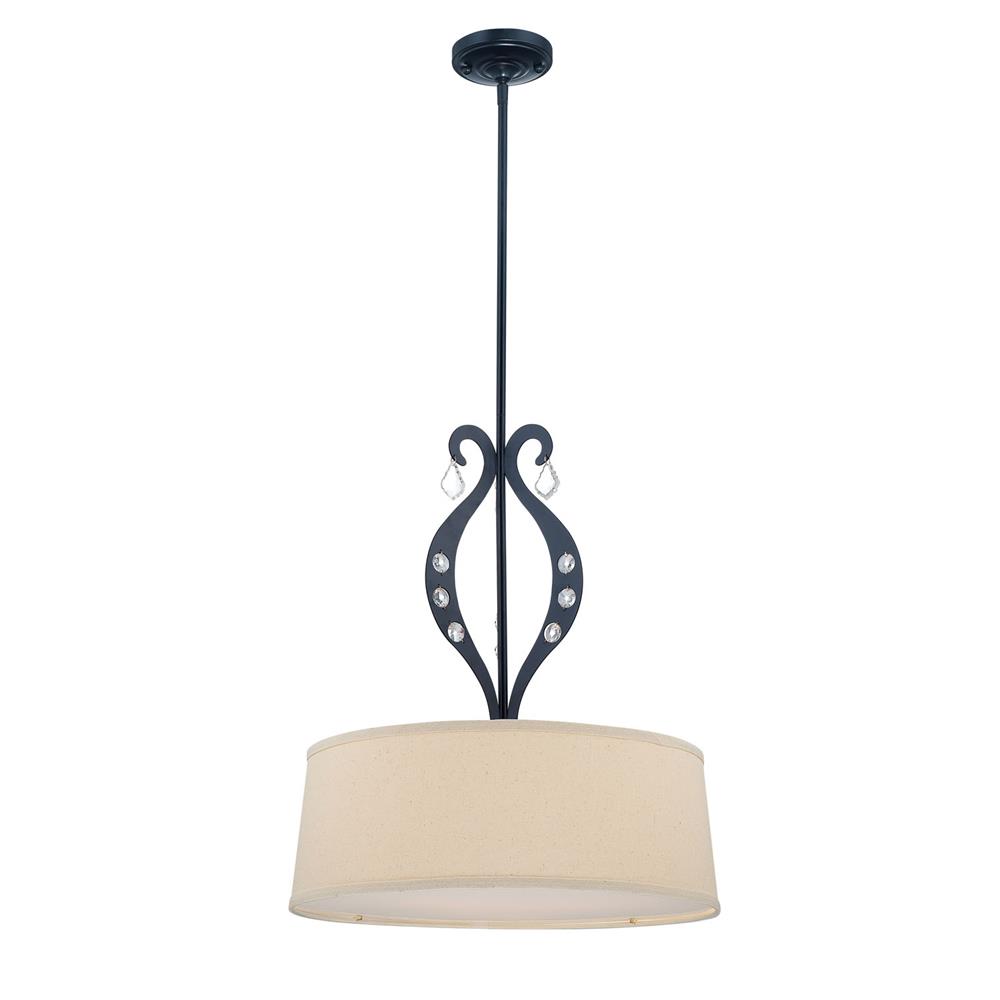 Lite Source LS-19642 Lyre 3 Light Pendant in Black and Crystal with Linen Shade