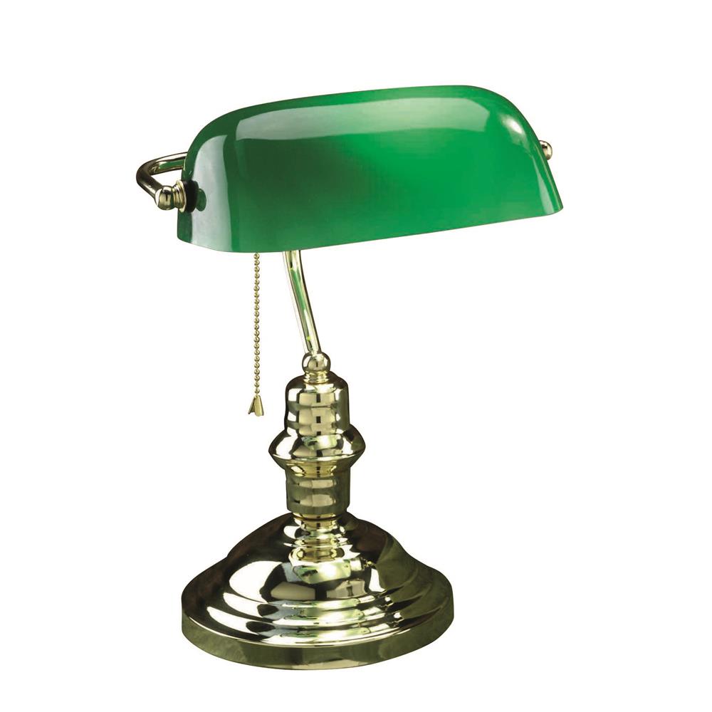 Lite Source LS-224PB Banker 1 Light CFL Desk Lamp in Polished Brass with Green Glass Shade