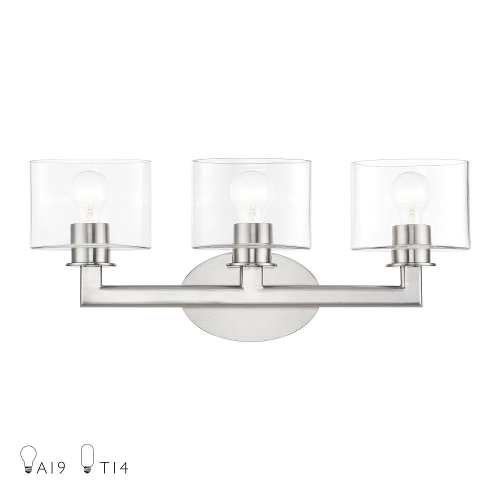 Livex Lighting 17913-91 3 Light Brushed Nickel Vanity Sconce with Mouth Blown Clear Glass