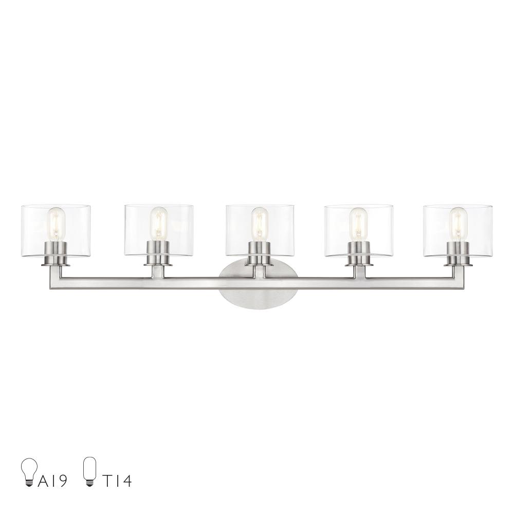 Livex Lighting 17915-91 5 Light Brushed Nickel. Extra Large Vanity Sconce with Mouth Blown Clear Glass