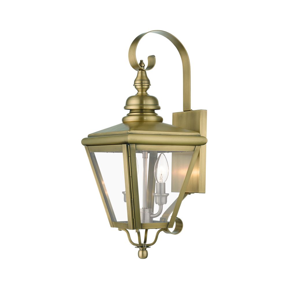 Livex Lighting 27372-01 2 Light Antique Brass Outdoor Medium Wall Lantern with Brushed Nickel Finish Cluster