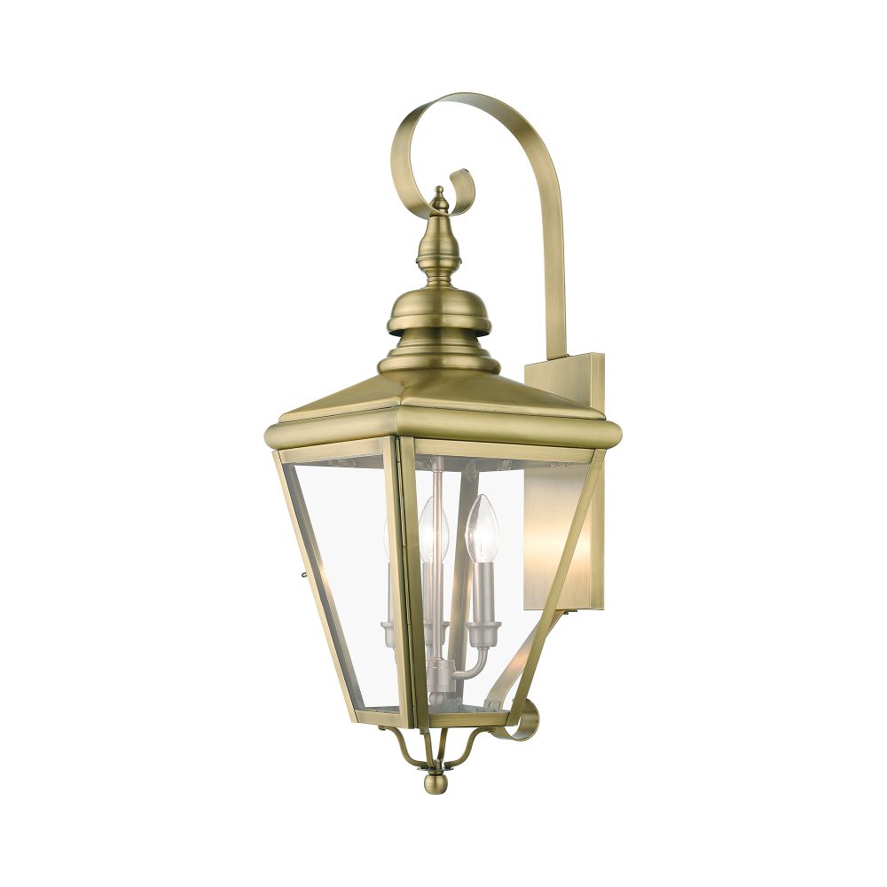 Livex Lighting 27373-01 3 Light Antique Brass Outdoor Large Wall Lantern with Brushed Nickel Finish Cluster