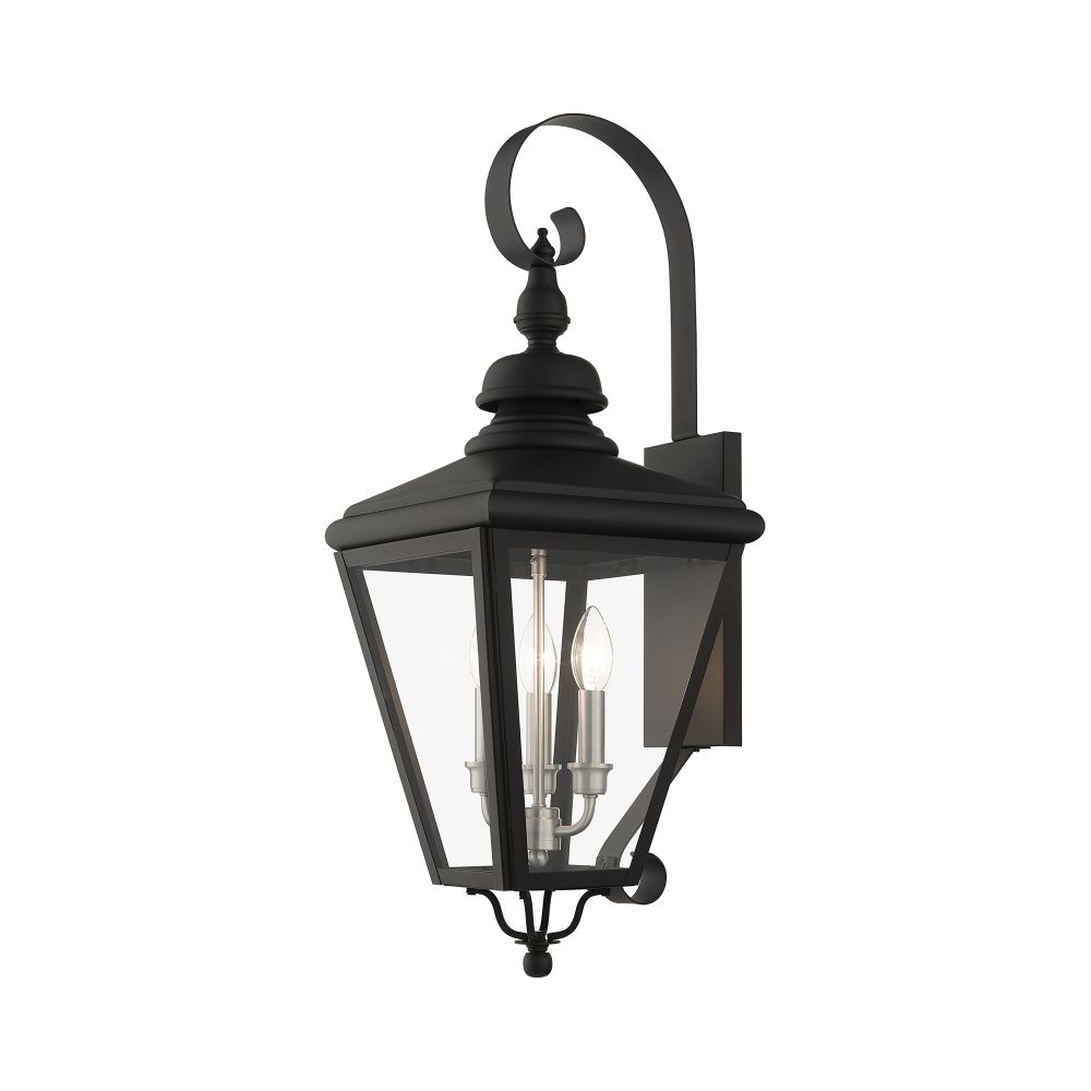 Livex Lighting 27373-04 3 Light Black Outdoor Large Wall Lantern with Brushed Nickel Finish Cluster