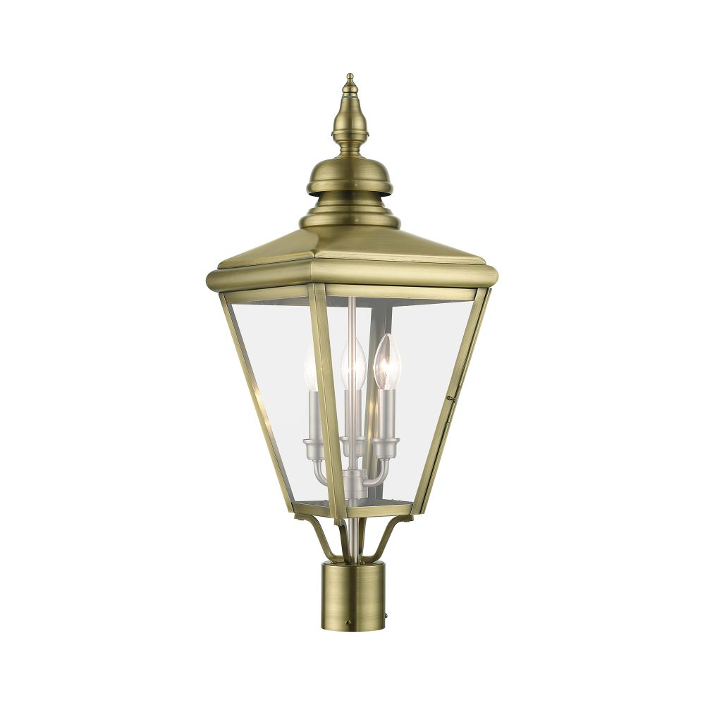 Livex Lighting 27375-01 3 Light Antique Brass Outdoor Large Post Top Lantern with Brushed Nickel Finish Cluster