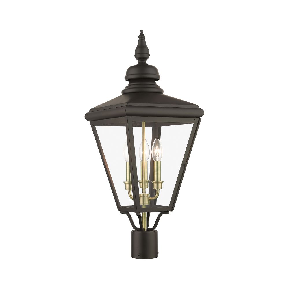 Livex Lighting 27375-07 3 Light Bronze Outdoor Large Post Top Lantern with Antique Brass Finish Cluster