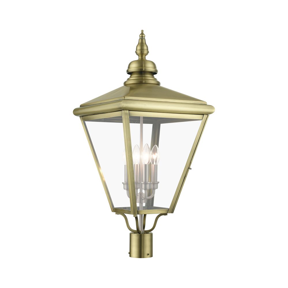 Livex Lighting 27376-01 4 Light Antique Brass Outdoor Extra Large Post Top Lantern with Brushed Nickel Finish Cluster