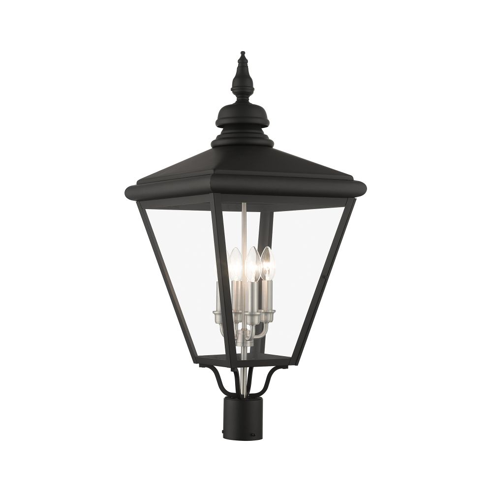 Livex Lighting 27376-04 4 Light Black Outdoor Extra Large Post Top Lantern with Brushed Nickel Finish Cluster