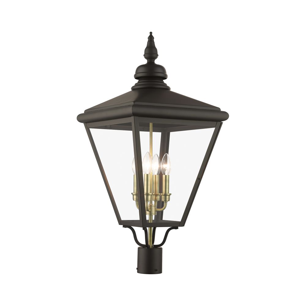 Livex Lighting 27376-07 4 Light Bronze Outdoor Extra Large Post Top Lantern with Antique Brass Finish Cluster