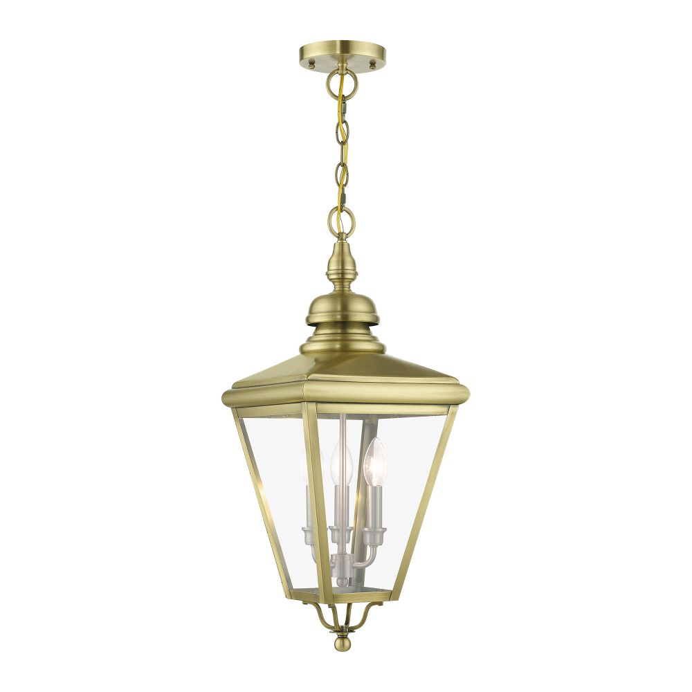 Livex Lighting 27377-01 3 Light Antique Brass Outdoor Large Pendant Lantern with Brushed Nickel Finish Cluster
