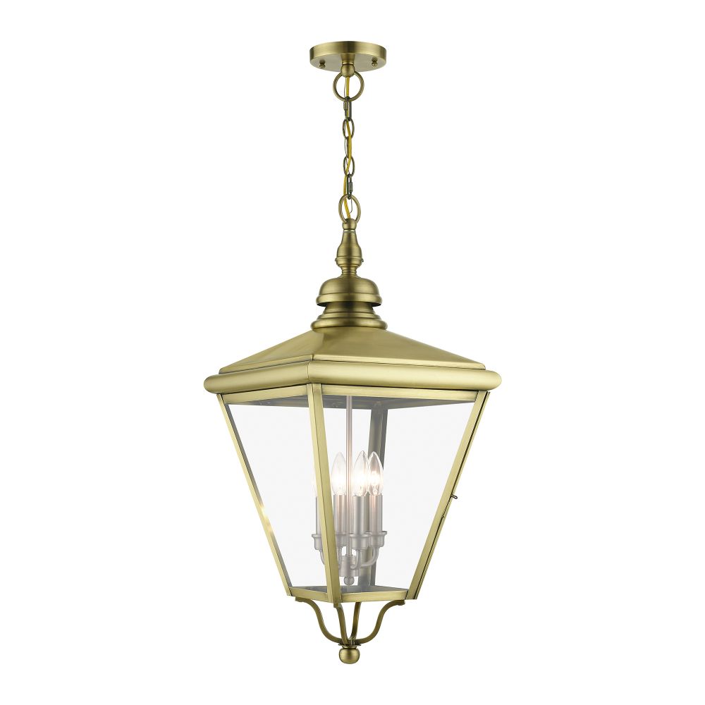Livex Lighting 27378-01 4 Light Antique Brass Outdoor Extra Large Pendant Lantern with Brushed Nickel Finish Cluster