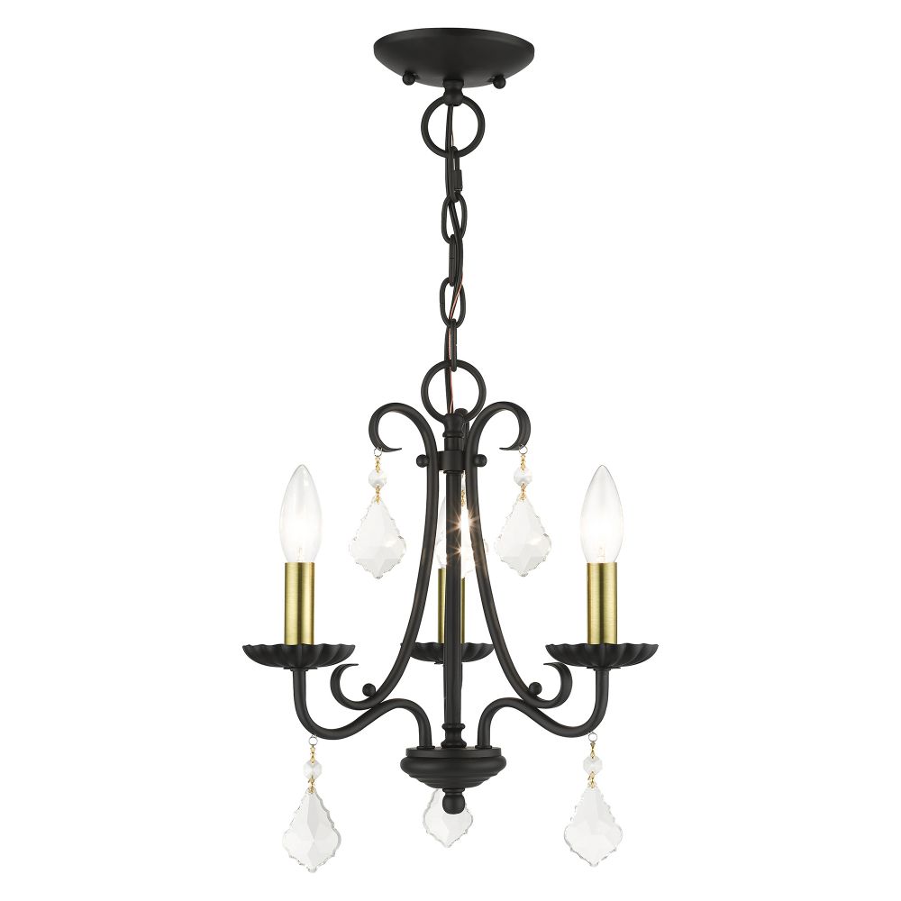 Livex Lighting 40873-04 3 Light Black Mini Chandelier with Antique Brass Finish Accents and Clear Crystals