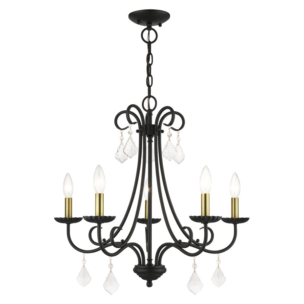 Livex Lighting 40875-04 5 Light Black Chandelier with Antique Brass Finish Accents and Clear Crystals