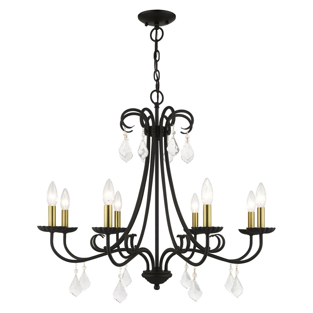 Livex Lighting 40878-04 8 Light Black Large Chandelier with Antique Brass Finish Accents and Clear Crystals