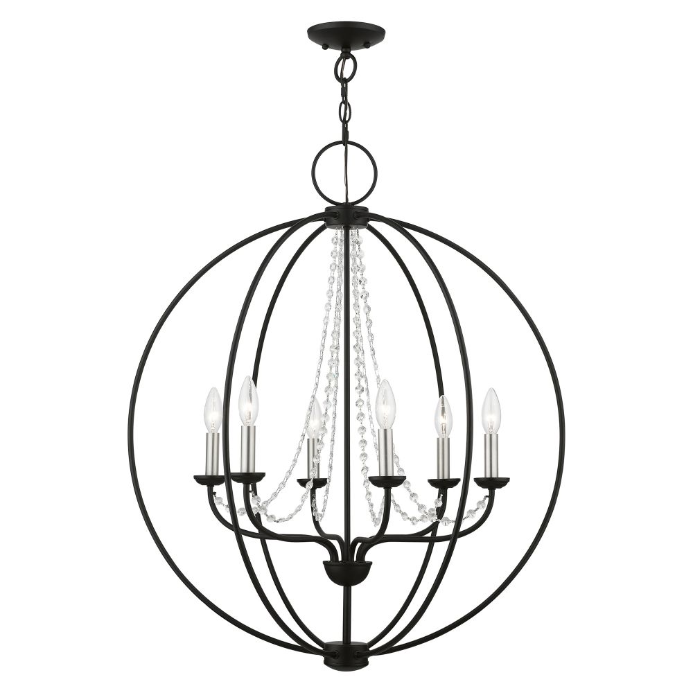 Livex Lighting 40916-04 6 Light Black with Brushed Nickel Finish Candles Globe Pendant Chandelier