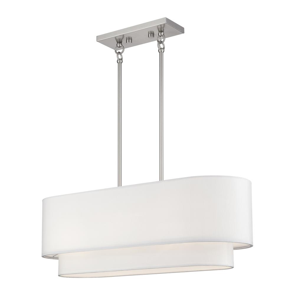 Livex Lighting 41085-91 3 Light Brushed Nickel Medium Linear Chandelier with Hand Crafted Off-White Hardback Shades