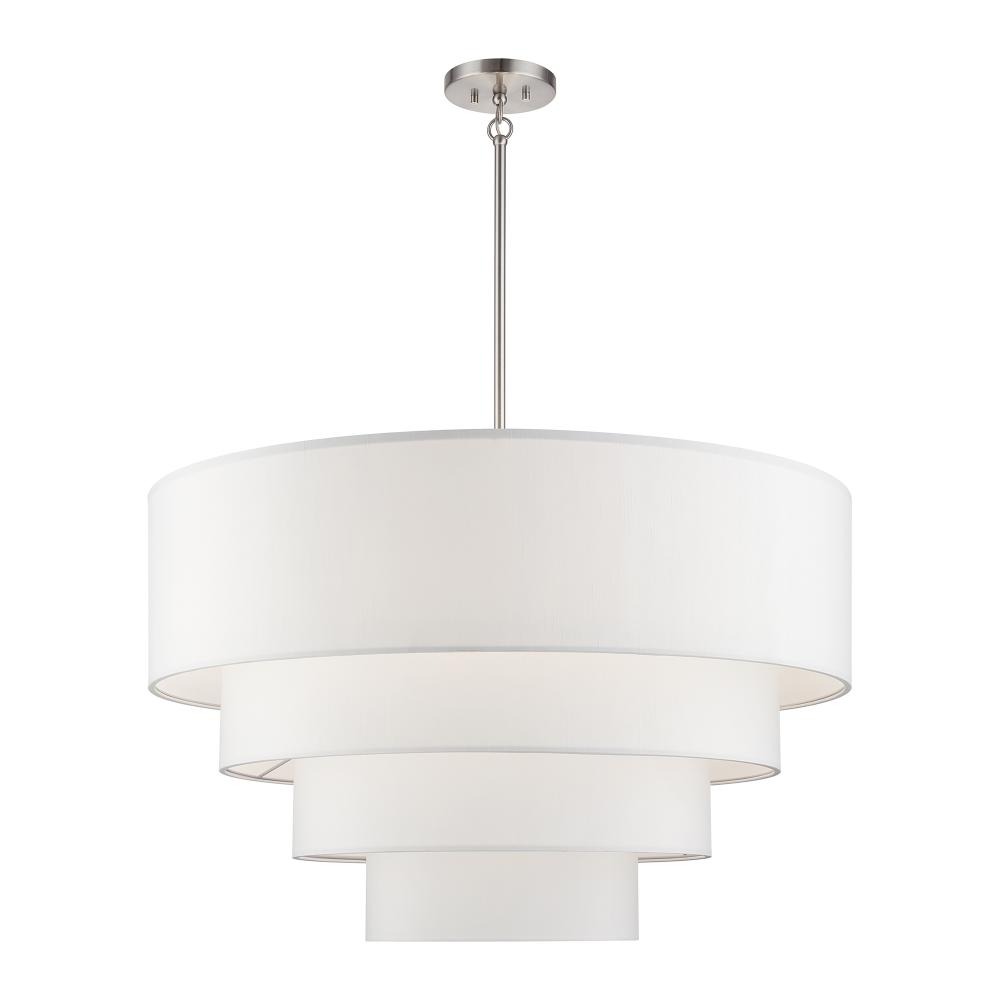 Livex Lighting 41088-91 8 Light Brushed Nickel Large Pendant Chandelier with Hand Crafted Off-White Fabric Hardback Shades