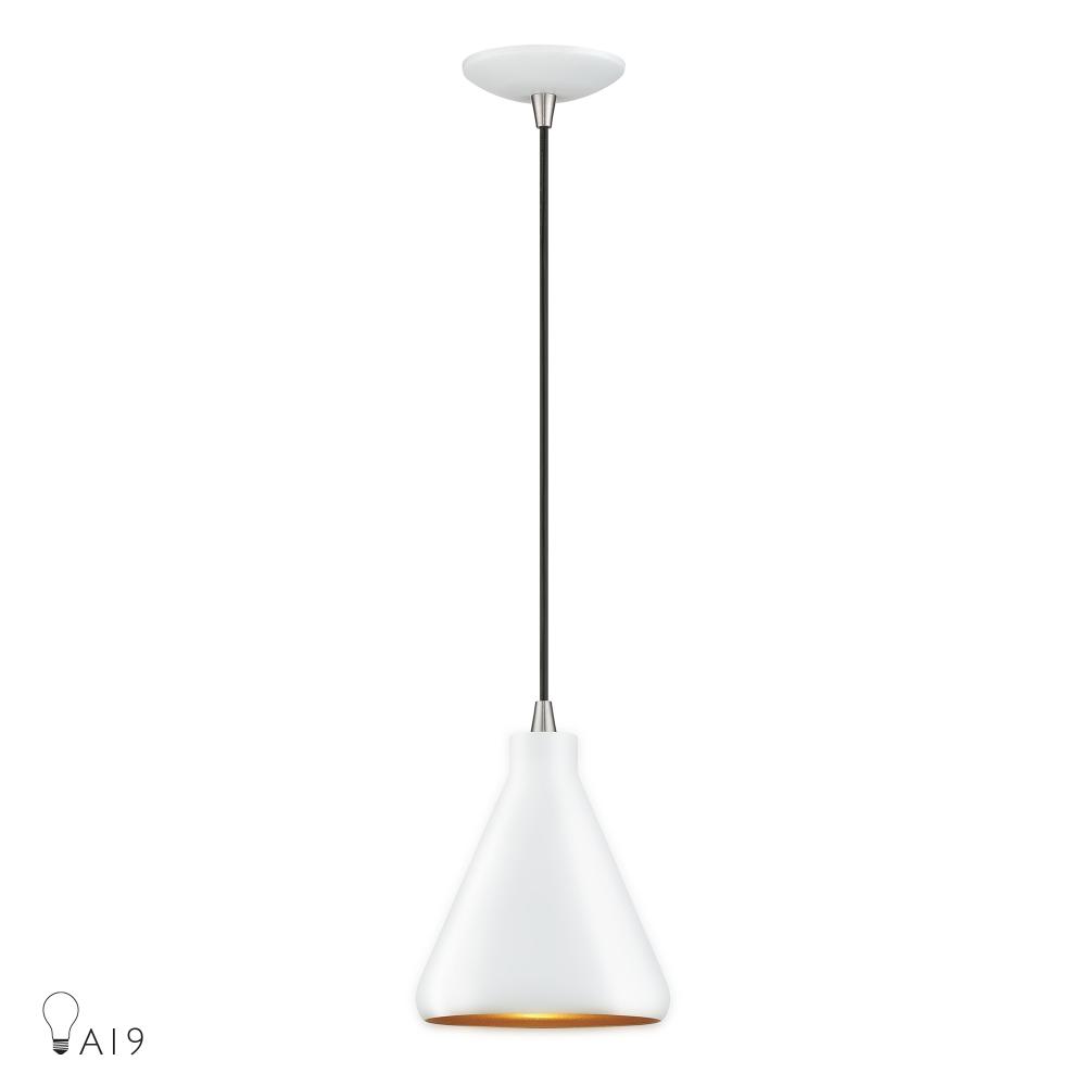 Livex Lighting 41177-03 1 Light White Cone Mini Pendant with Brushed Nickel Accents and White Aluminum Shade with Gold Inside
