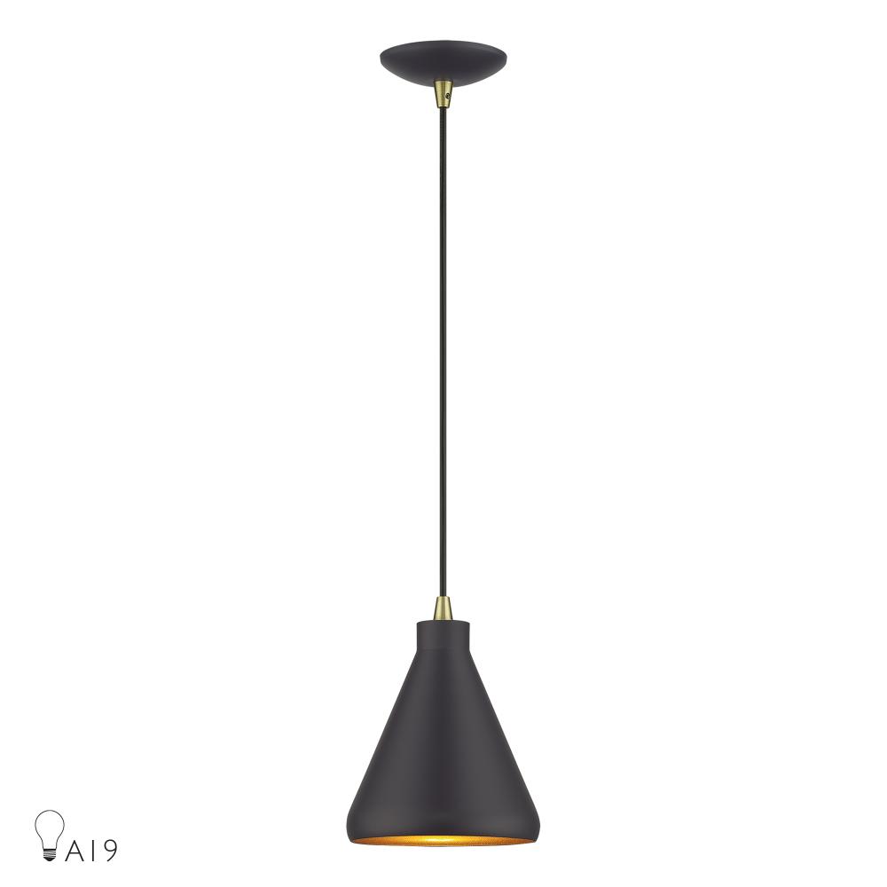 Livex Lighting 41177-07 1 Light Bronze Cone Mini Pendant with Antique Brass Accents and Bronze Aluminum Shade with Gold Inside