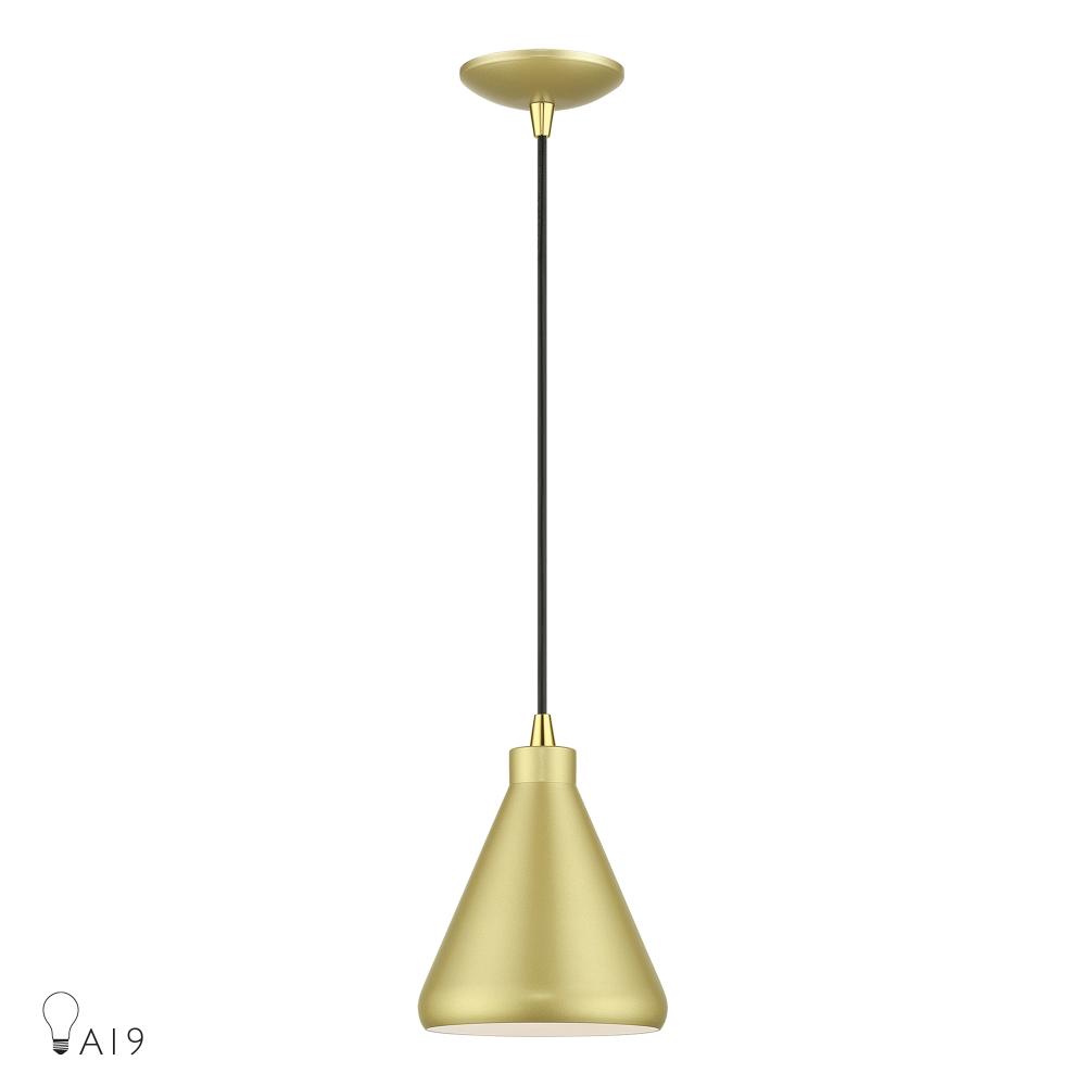 Livex Lighting 41177-33 1 Light Soft Gold Cone Mini Pendant with Polished Brass Accents and Soft Gold Aluminum Shade with White Inside