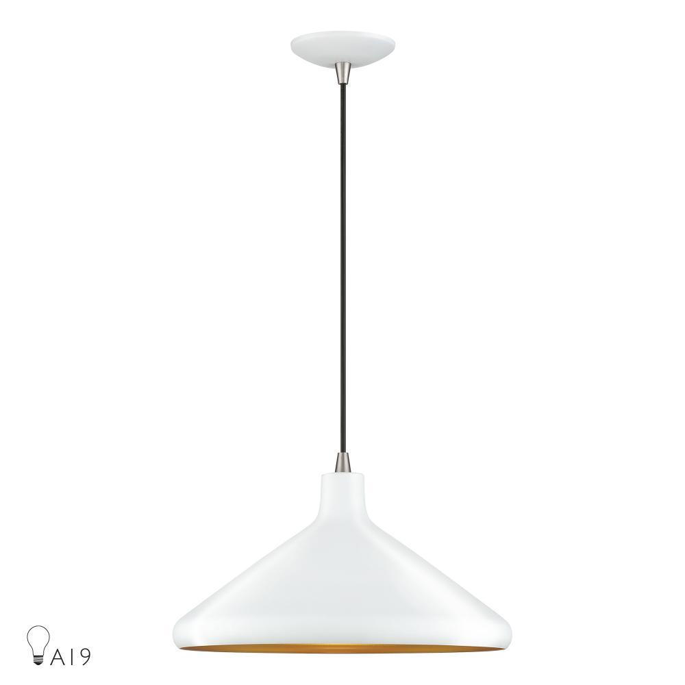 Livex Lighting 41179-03 1 Light White Cone Pendant with Brushed Nickel Accents and White Aluminum Shade with Gold Inside