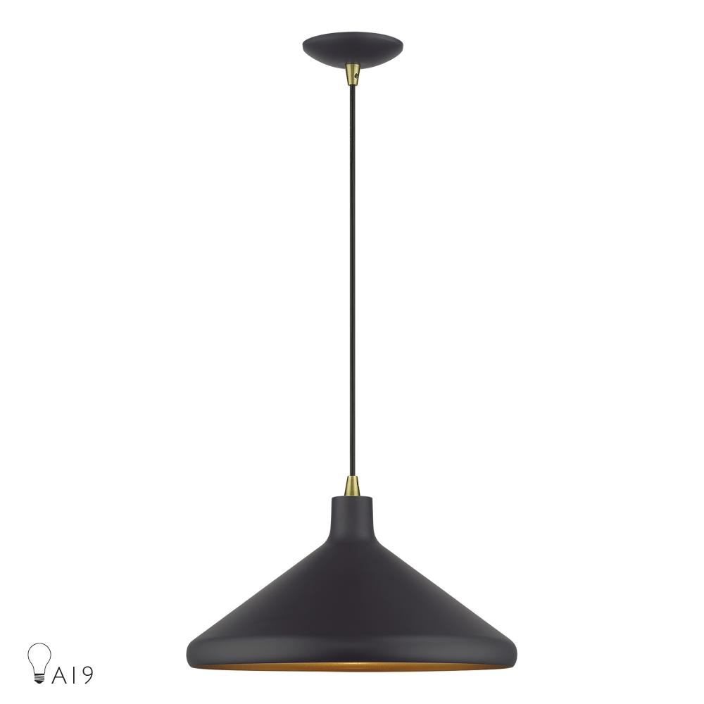 Livex Lighting 41179-07 1 Light Bronze Cone Pendant with Antique Brass Accents and Bronze Aluminum Shade with Gold Inside
