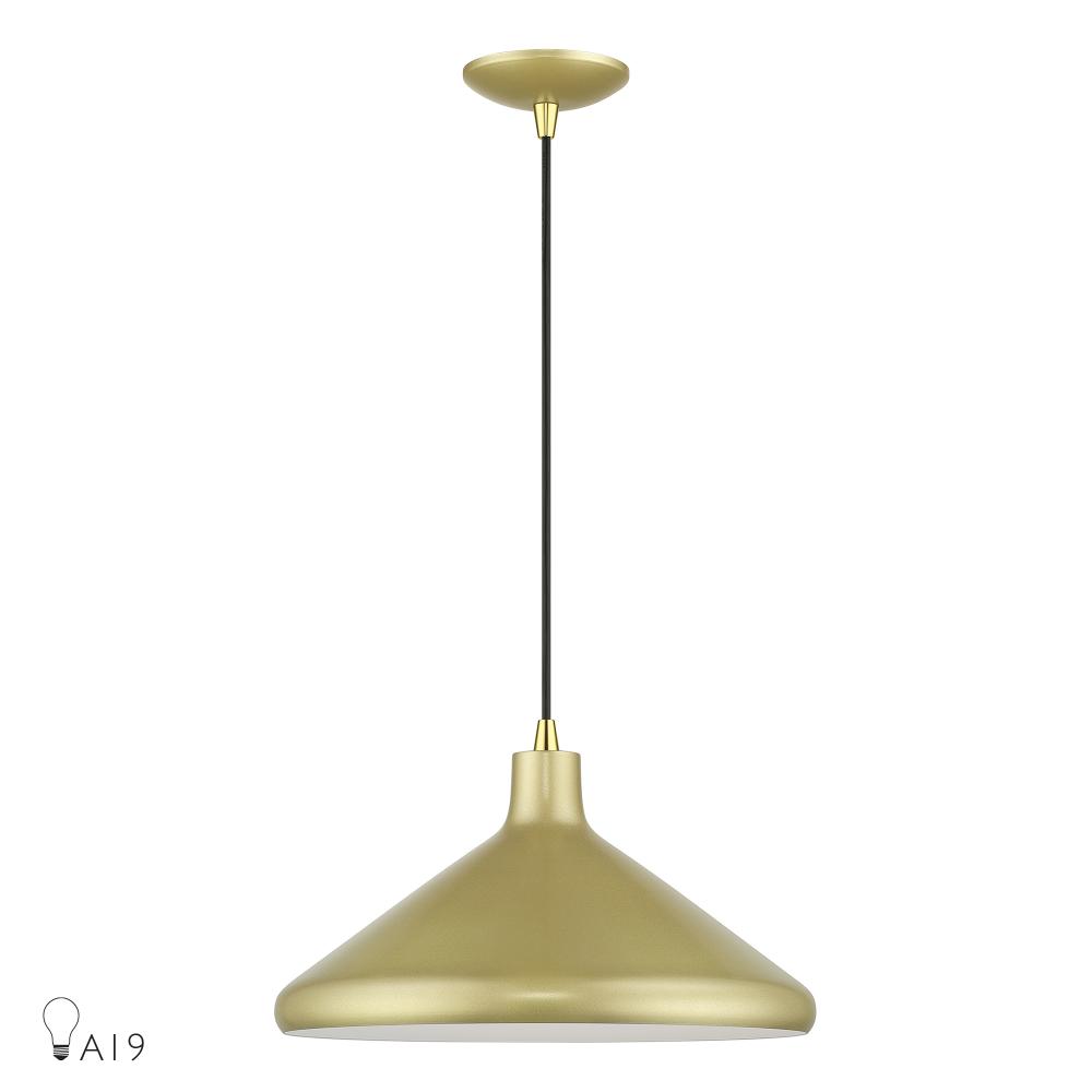Livex Lighting 41179-33 1 Light Soft Gold Cone Pendant with Polished Brass Accents and Soft Gold Aluminum Shade with White Inside