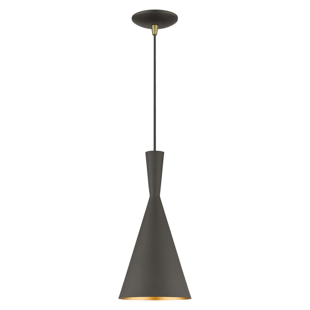 Livex Lighting 41185-07 1 Light Bronze Pendant with Antique Brass Finish Accents