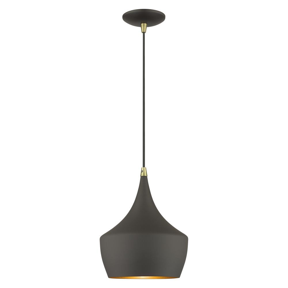 Livex Lighting 41186-07 1 Light Bronze Pendant with Antique Brass Finish Accents