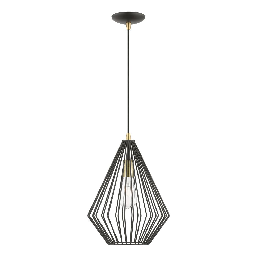 Livex Lighting 41325-14 1 Light Textured Black with Antique Brass Accents Pendant