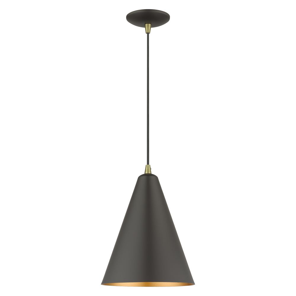 Livex Lighting 41492-07 1 Light Bronze Cone Pendant with Antique Brass Accents