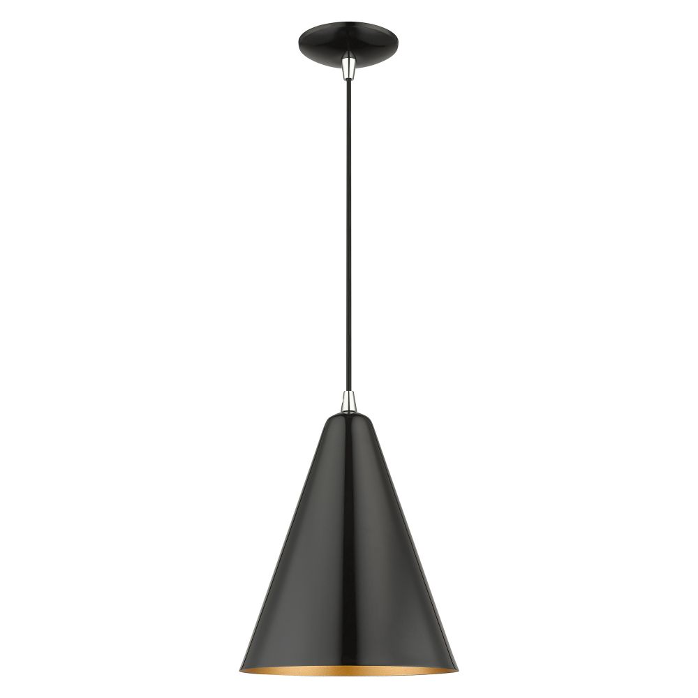 Livex Lighting 41492-68 1 Light Shiny Black Cone Pendant with Polished Chrome Accents