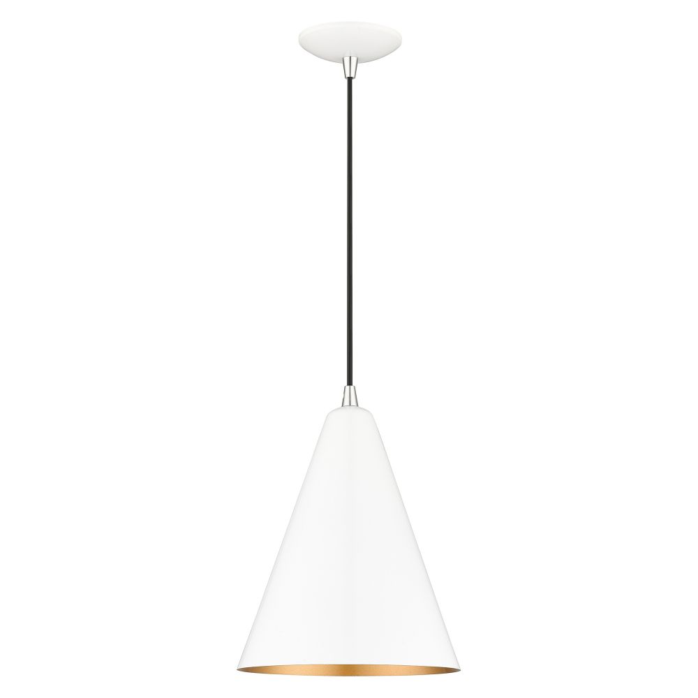 Livex Lighting 41492-69 1 Light Shiny White Cone Pendant with Polished Chrome Accents
