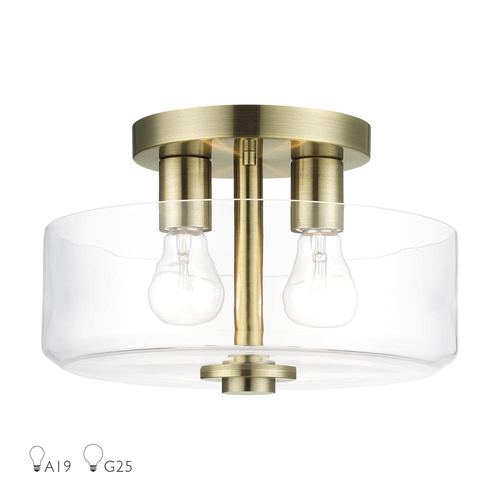 Livex Lighting 46122-01 2 Light Antique Brass Medium Semi-Flush with Mouth Blown Clear Glass