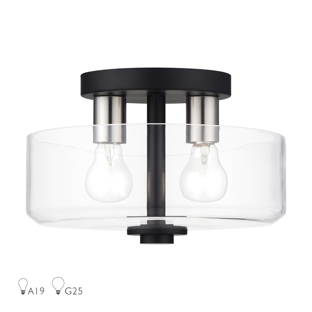 Livex Lighting 46122-04 2 Light Black Medium Semi-Flush with Mouth Blown Clear Glass and Brushed Nickel Accents