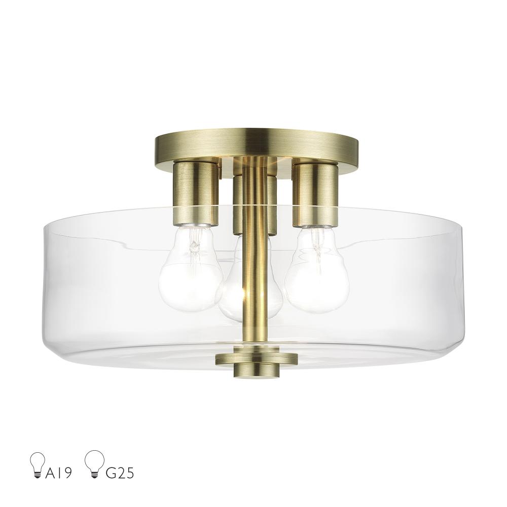 Livex Lighting 46123-01 3 Light Antique Brass Large Semi-Flush with Mouth Blown Clear Glass