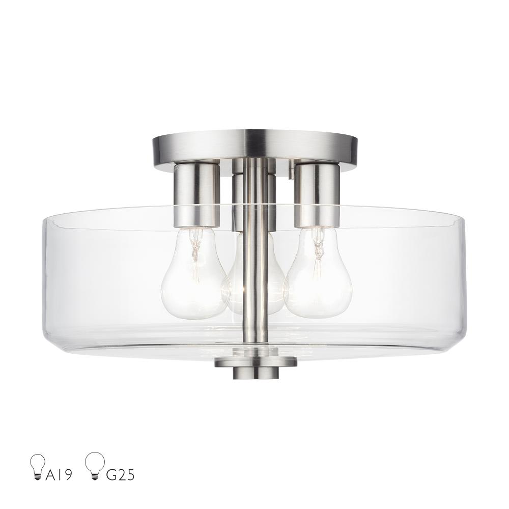 Livex Lighting 46123-91 3 Light Brushed Nickel Large Semi-Flush with Mouth Blown Clear Glass
