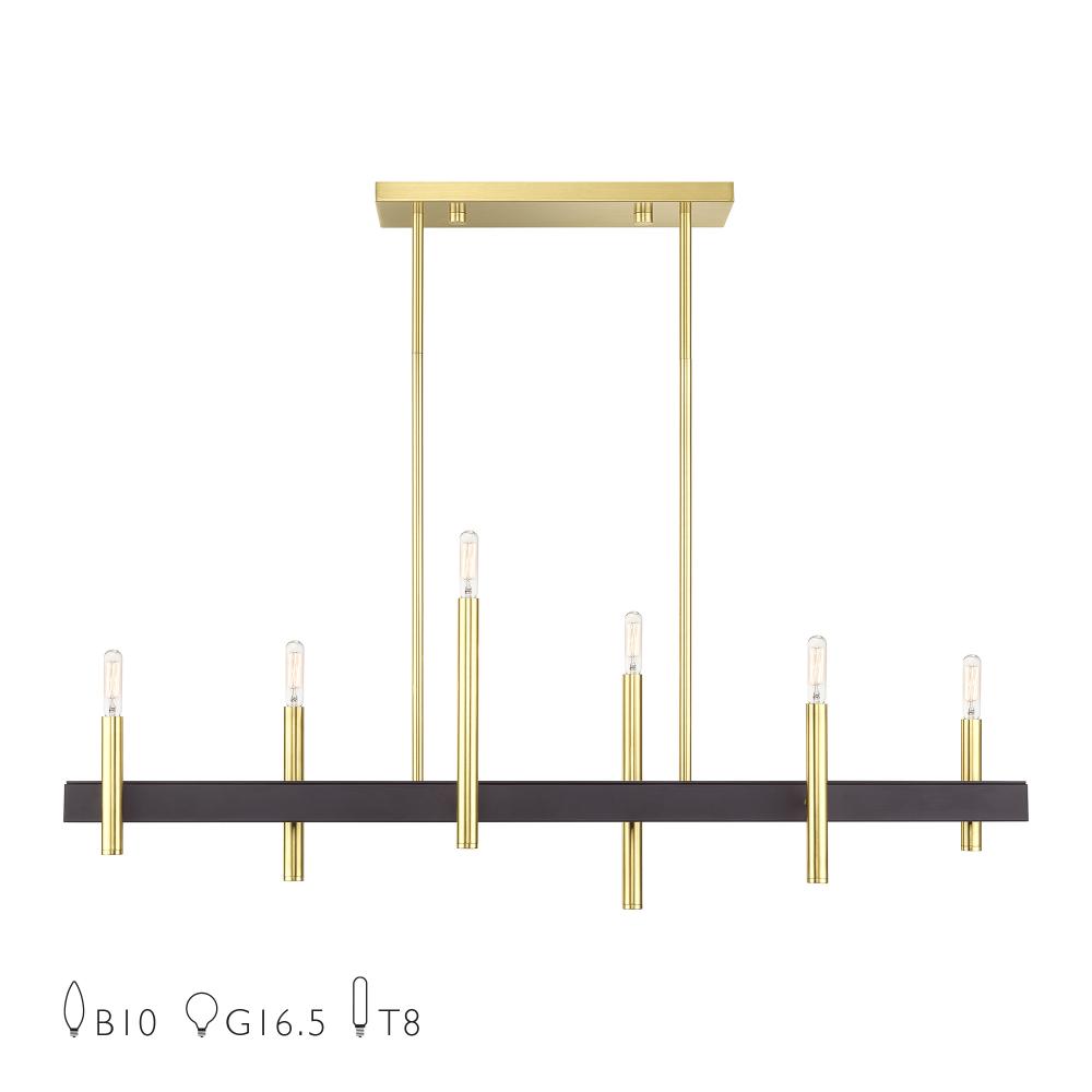 Livex Lighting 49336-12 6 Light Satin Brass Extra Large Linear Chandelier with Bronze Accents