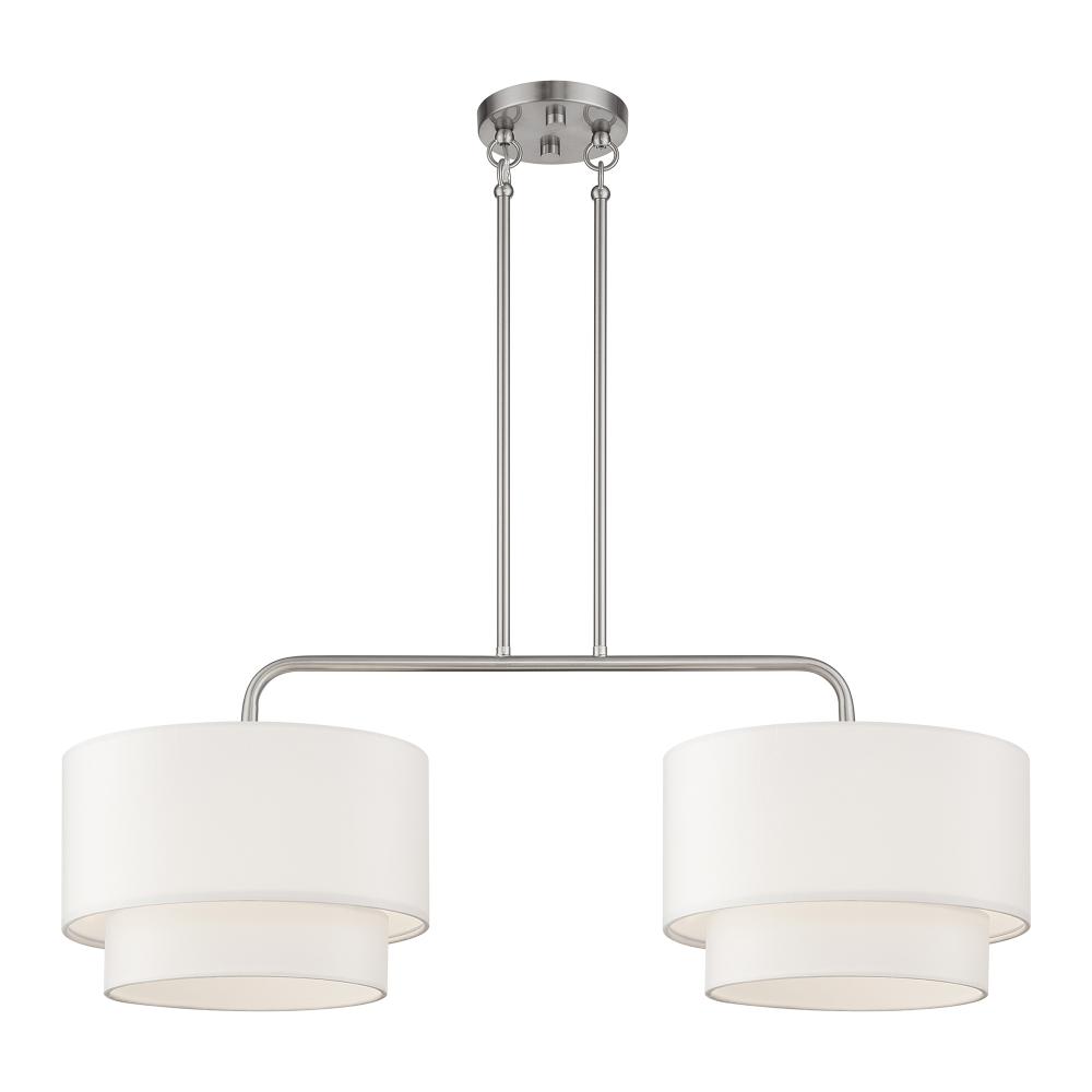 Livex Lighting 50302-91 2 Light Brushed Nickel Large Linear Chandelier with Hand Crafted Off-White Fabric Hardback Shades