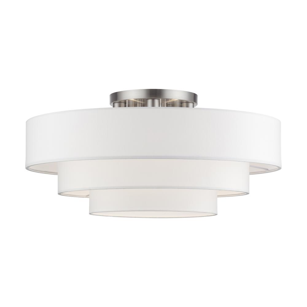 Livex Lighting 50309-91 5 Light Brushed Nickel Extra Large Semi-Flush with Hand Crafted Off-White Color Fabric Hardback Shades