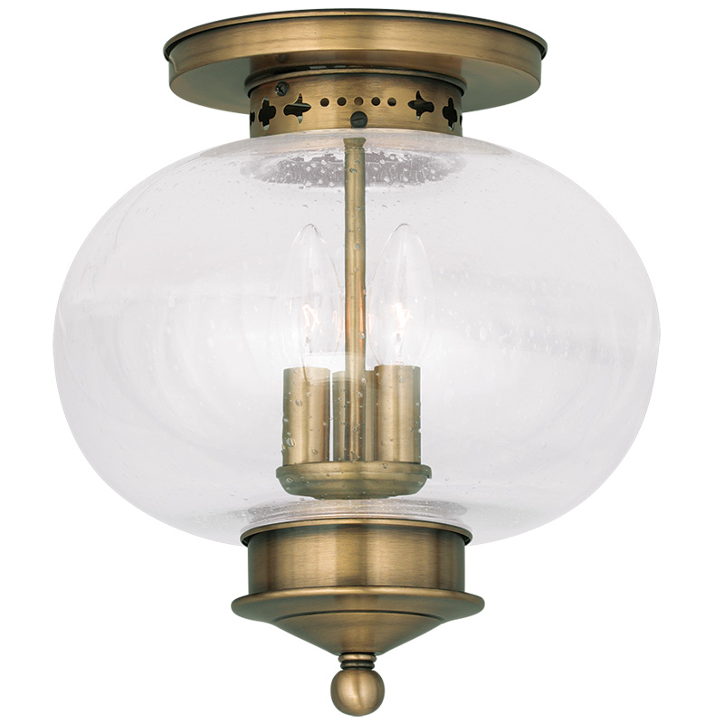 Livex Lighting 5037-01 Harbor Ceiling Mount in Antique Brass with Hand Blown Seeded Glass